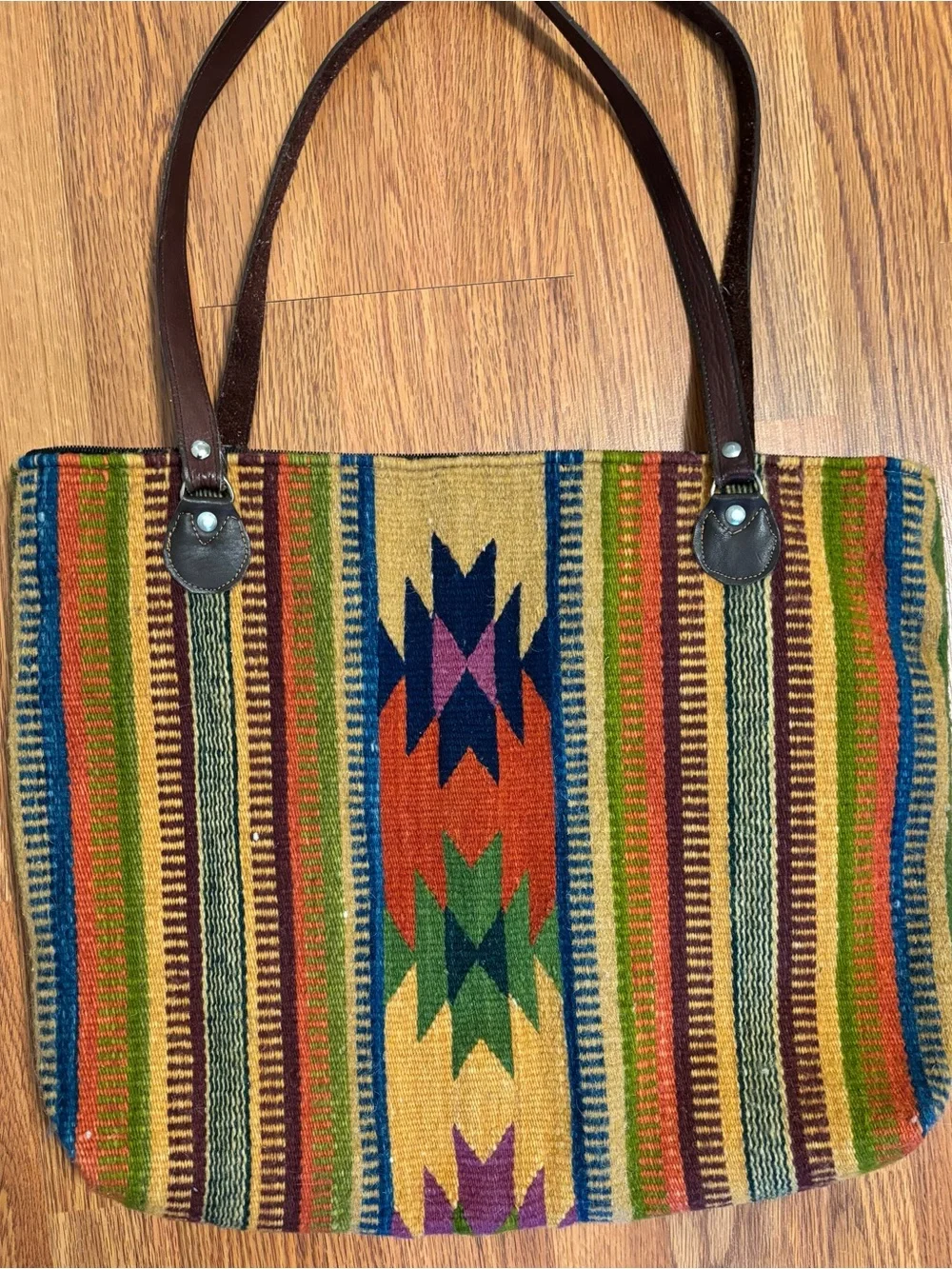 Boho Striped Woven Tote Bag with Leather Straps - Multicolor - Picture 3 of 8